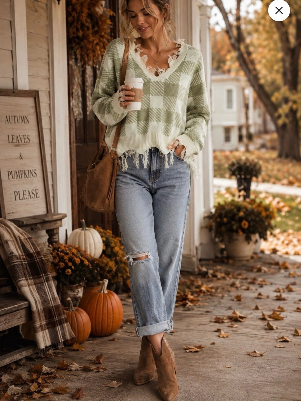 Just Polly Plaid V‑Neck Distressed Hem Sweater